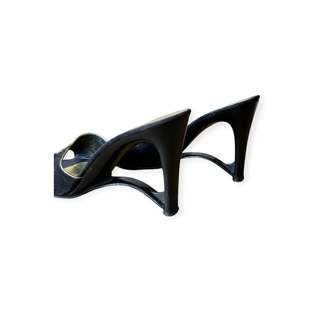 Andrew Geller Black Suede Gold‎ Trim Cutout Wededge Sandals, Vintage,